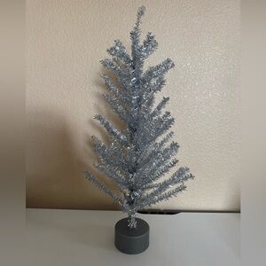 Vintage Small Silver Tinsel Tree Plastic Bottom Base MCM 25”x 12”